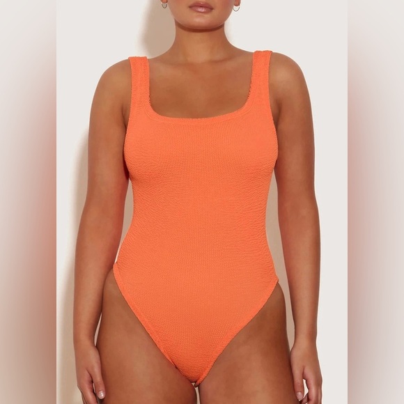 New Hunza G Swimsuit Orange Crinkle Classic Square Neck One Piece Monokini - Picture 7 of 9